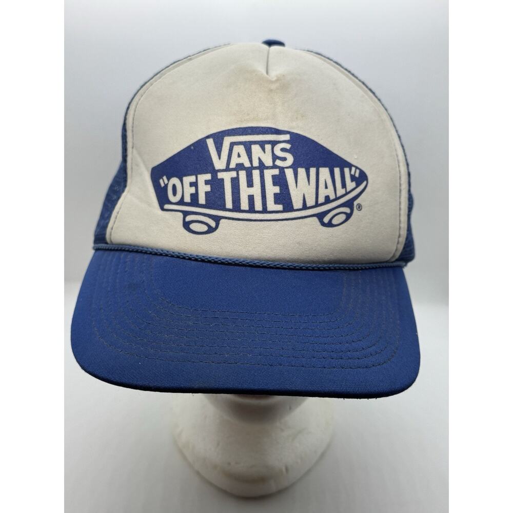 Vintage 1970s/1980s Vans Off The Wall White Blue Snapback Trucker Mesh Hat Cap